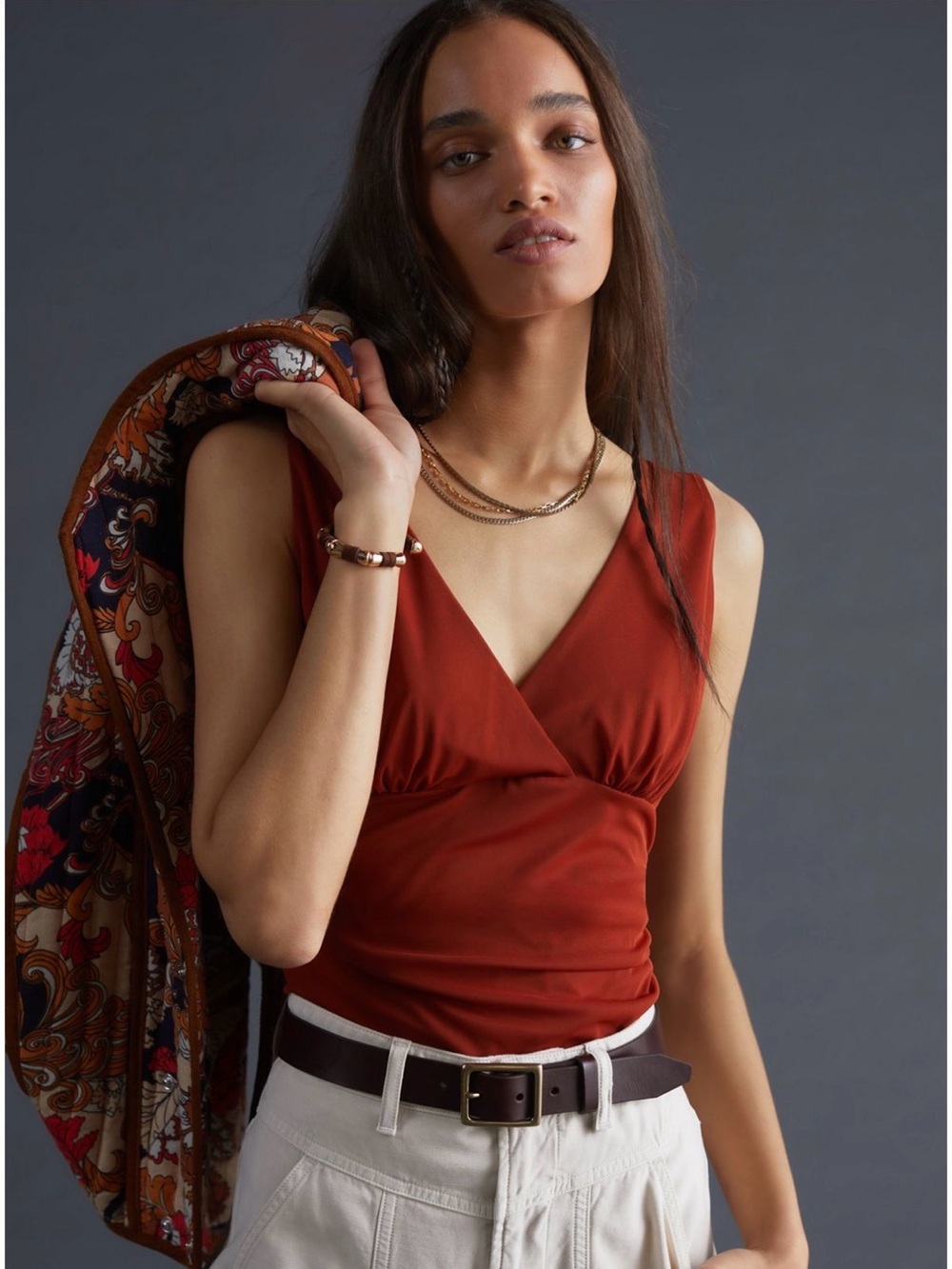 Anthropologie Burnt Orange Red Rust Colored Mesh Ruched Tank Top Small